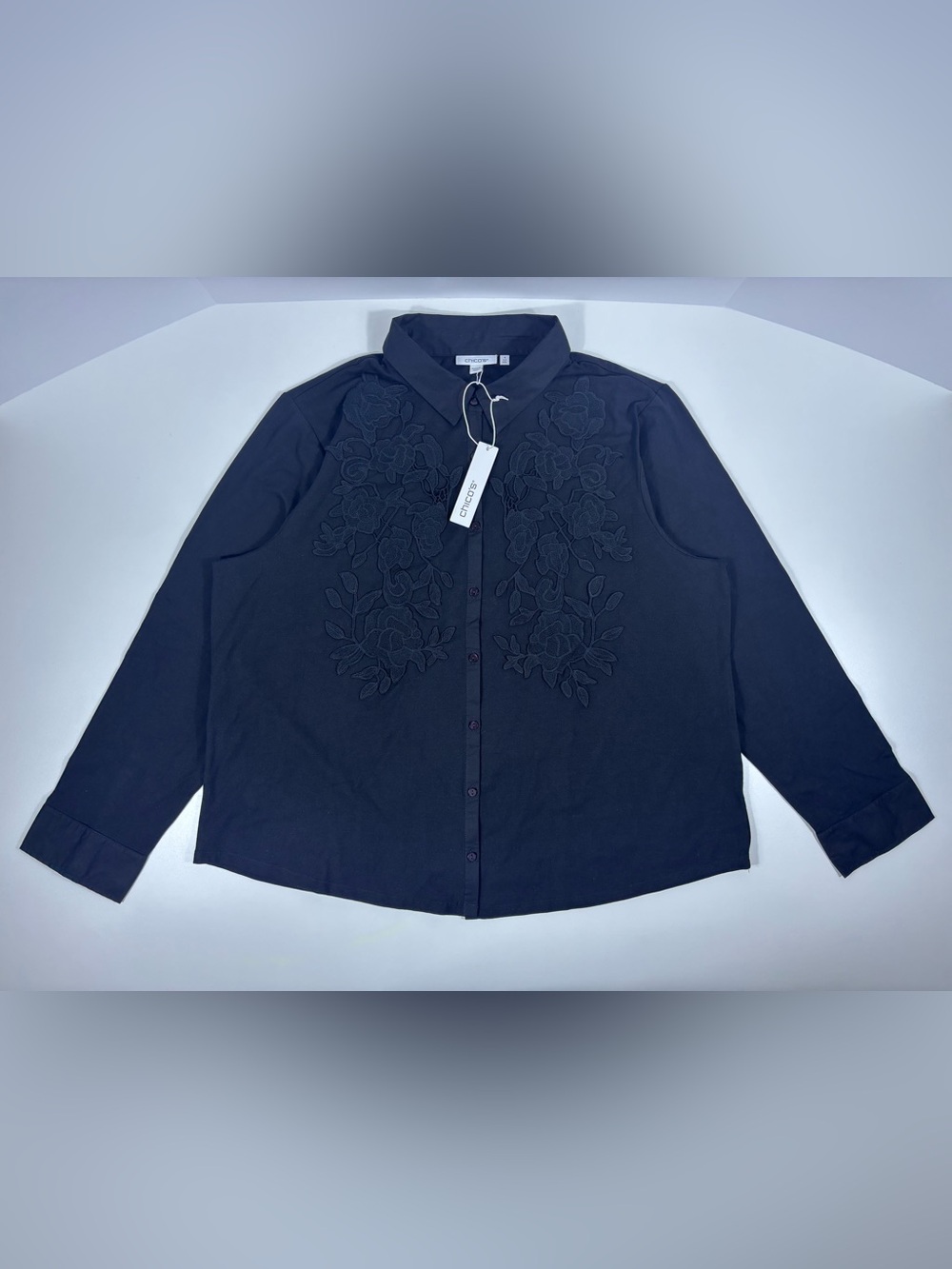 Chico’s Black Floral Lace Appliqué Button-Down Shirt XXL 4 NWT
